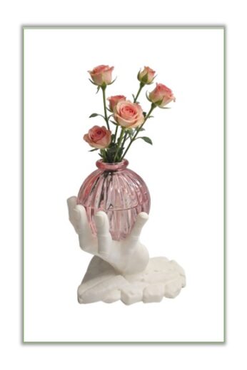 Vază decorativă sculpturală cu statuetă – inimă de piatră și bol din sticlă